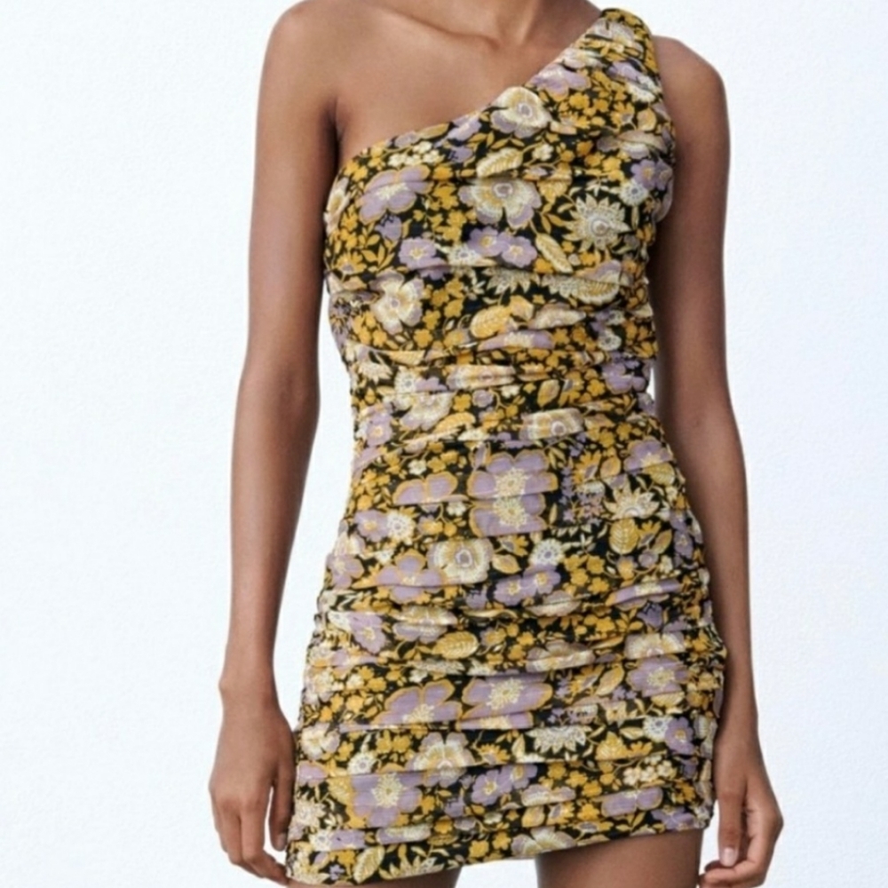 Zara One Shoulder Floral Gathered Dress